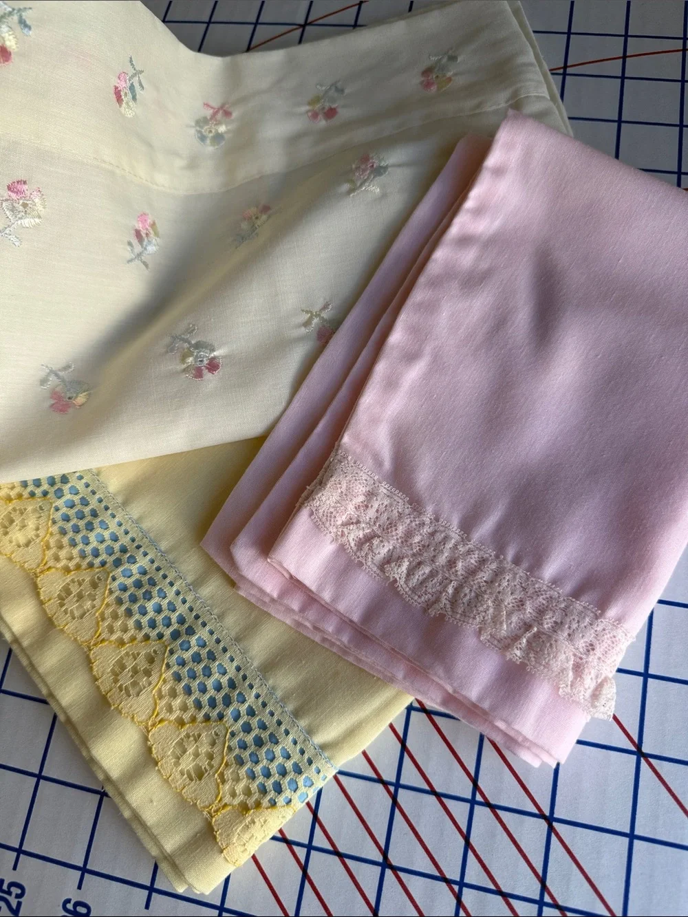 Lot 3 Vintage Pillowcases Embroidered Floral Pink Yellow Lace Cottage